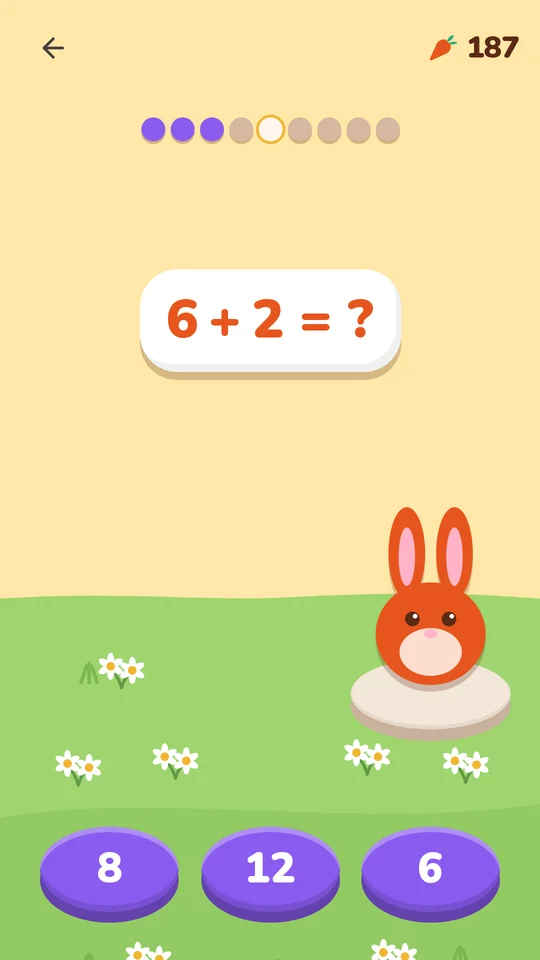 A round: 6 + 2 = ? above the bunny, and three pads to choose from